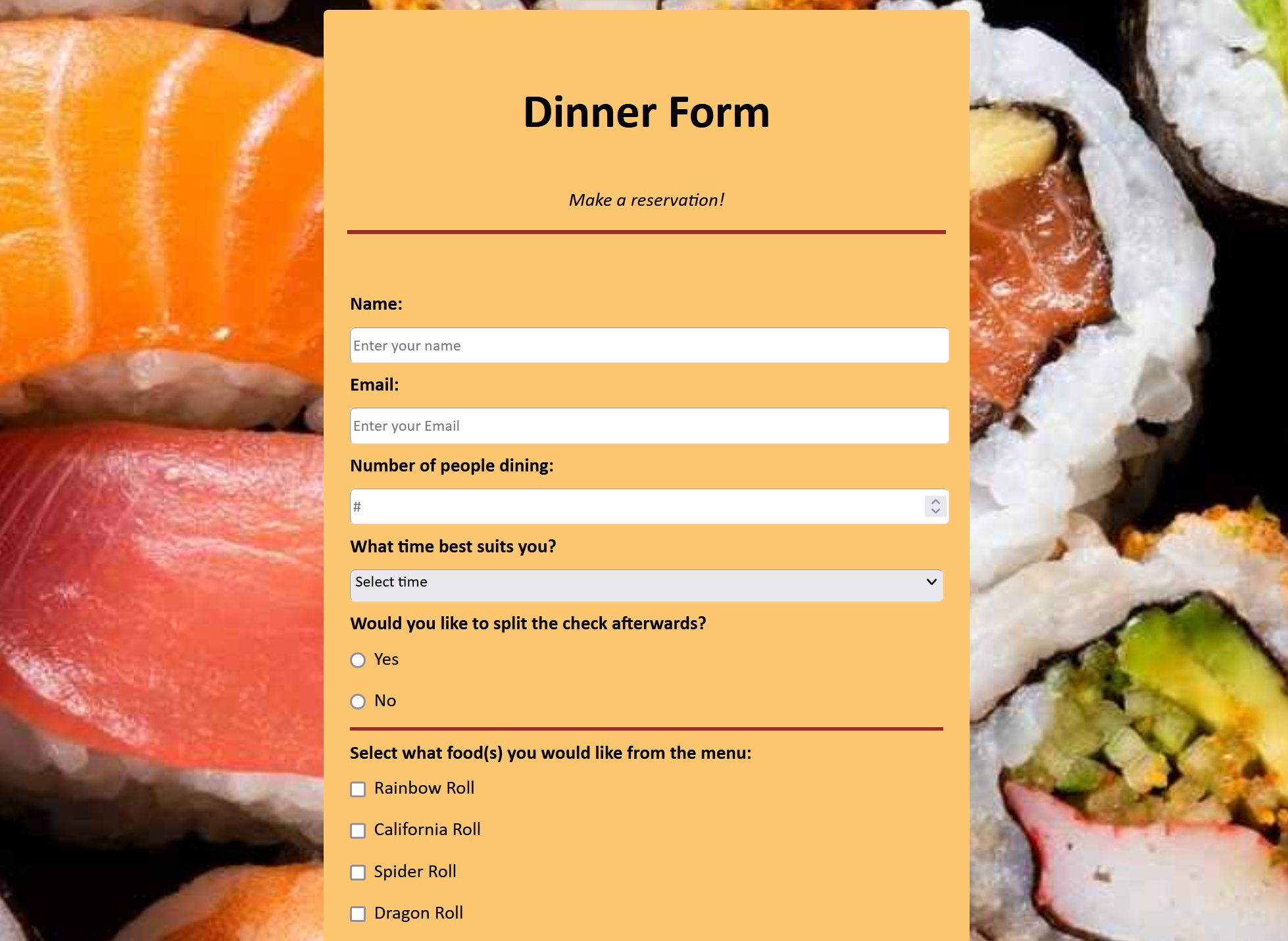 dinner reservation form page